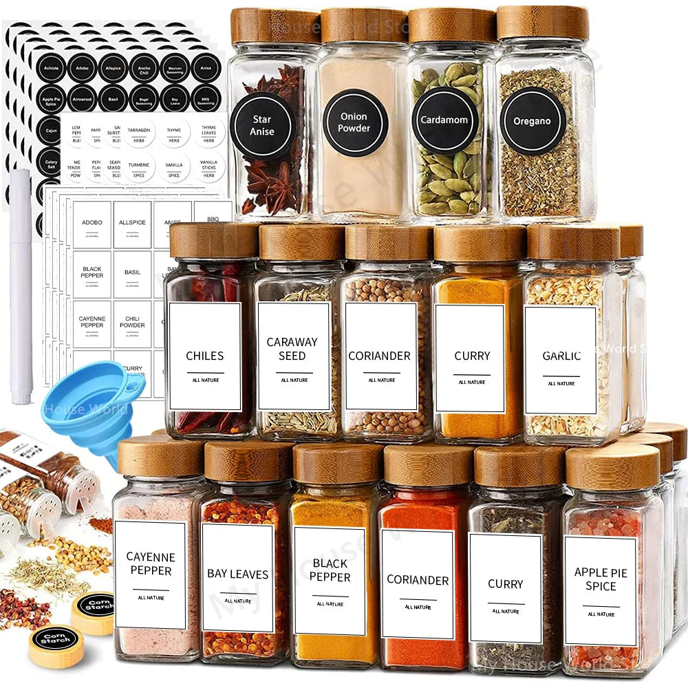 Glass Spice Jars with Bamboo Lids  + Labels