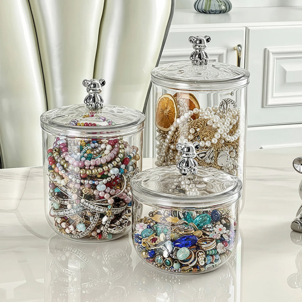 Clear Sealed Storage Jar with Bear Accent
