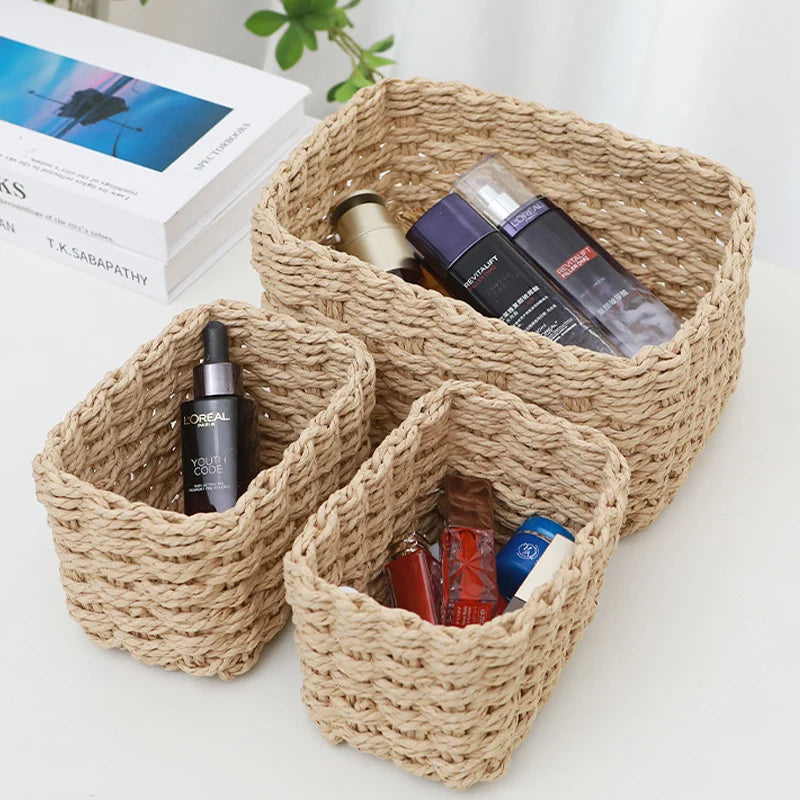 3Pcs Grass Woven Storage Baskets For Organizing And Decorating Multifunctional Picnic Fruit Basket Convenient Office Storage Box
