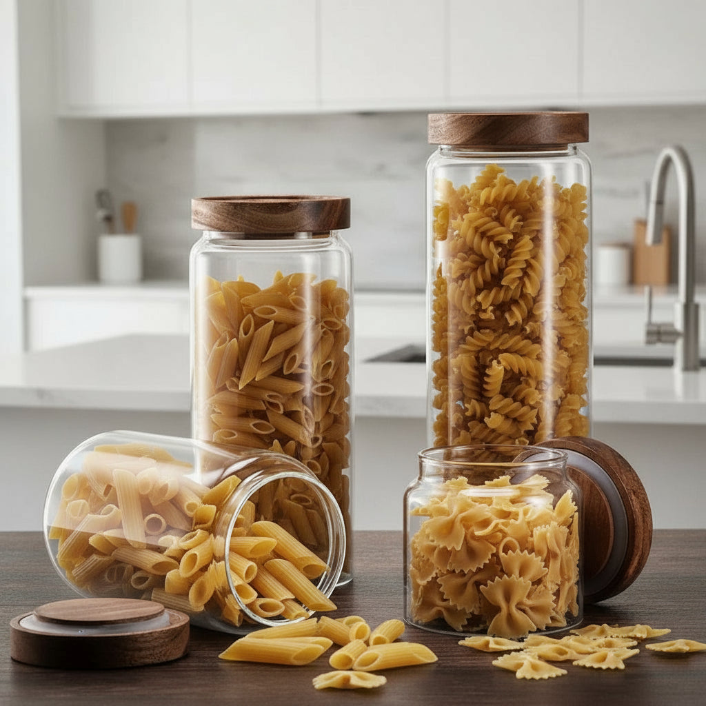 Glass Storage Jars with Airtight Wooden Lids – Elegant Pantry Organisation