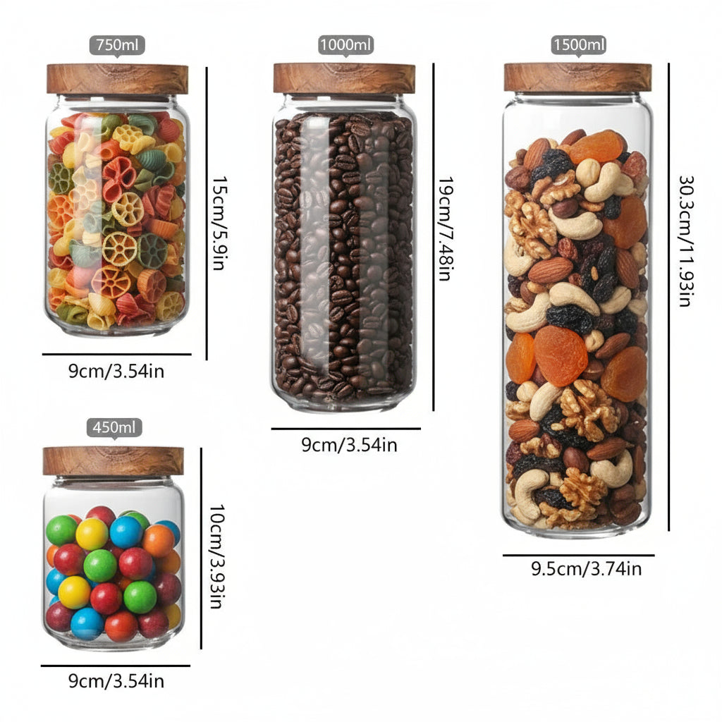 Glass Storage Jars with Airtight Wooden Lids – Elegant Pantry Organisation
