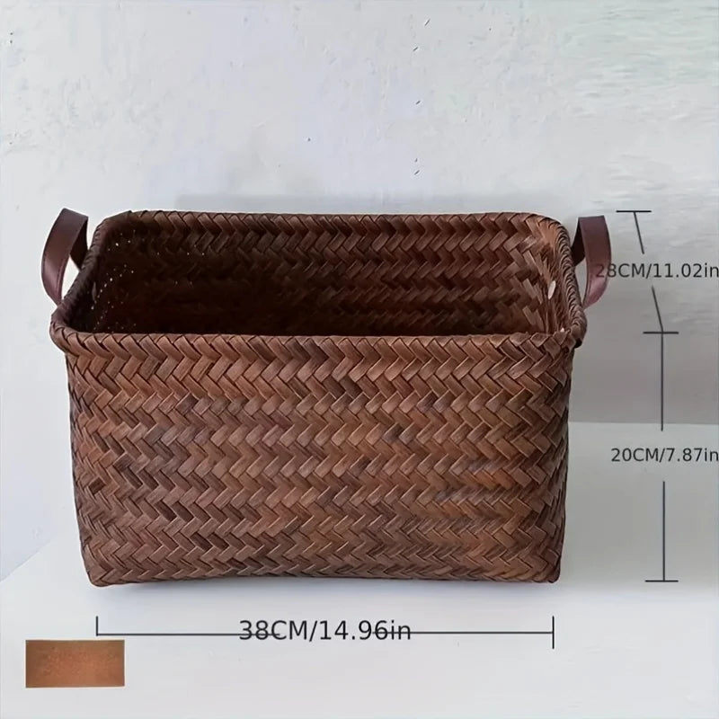 2pcs Handwoven Storage Baskets with Leather Handles-Durable