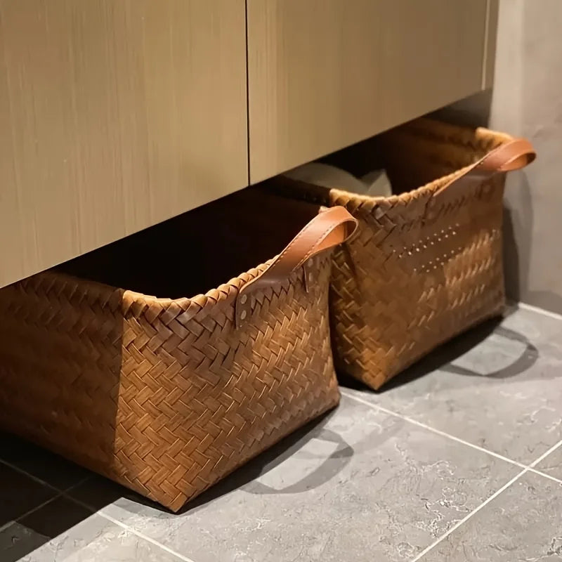 2pcs Handwoven Storage Baskets with Leather Handles-Durable