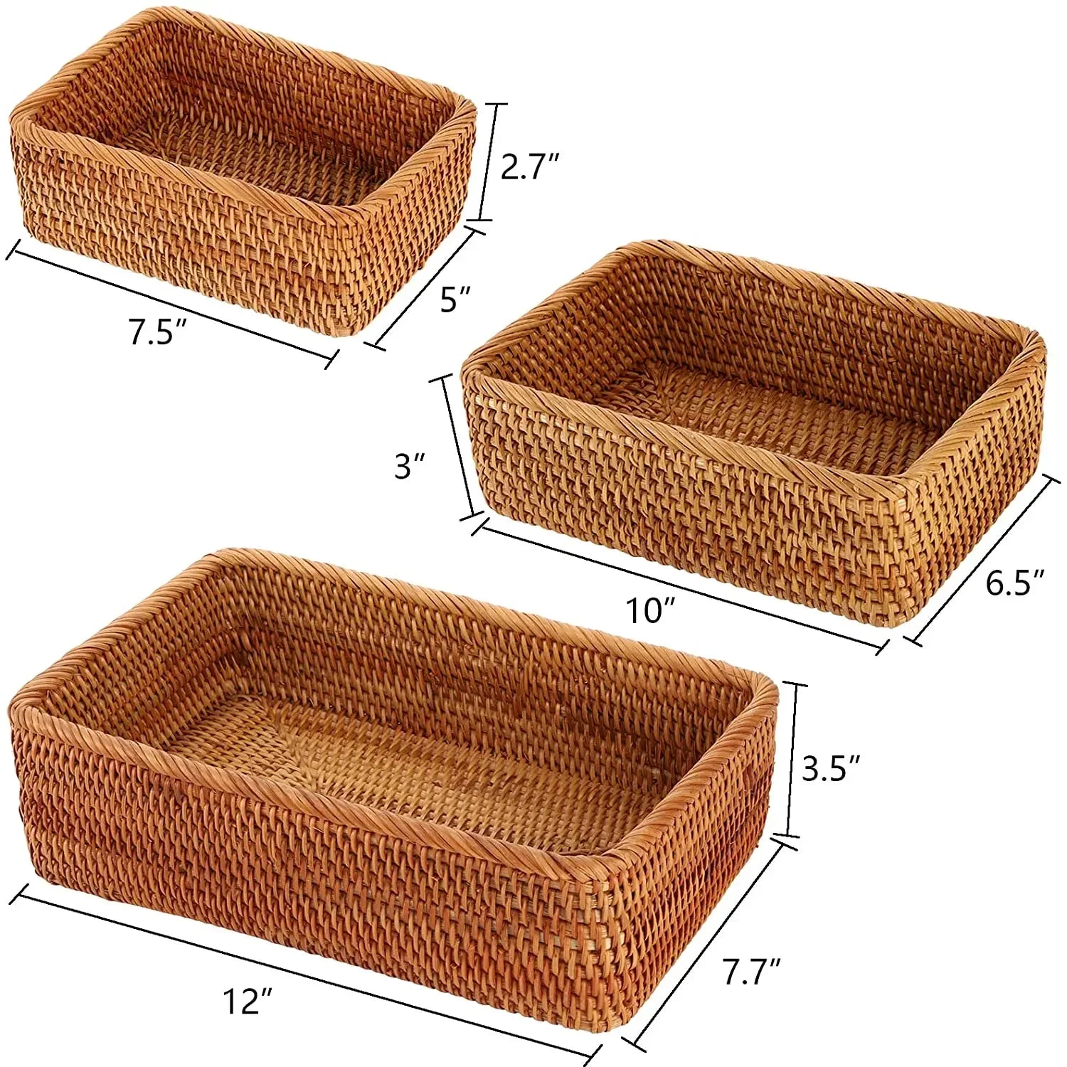 Rectangular Rattan Storage Baskets, Handmade Woven