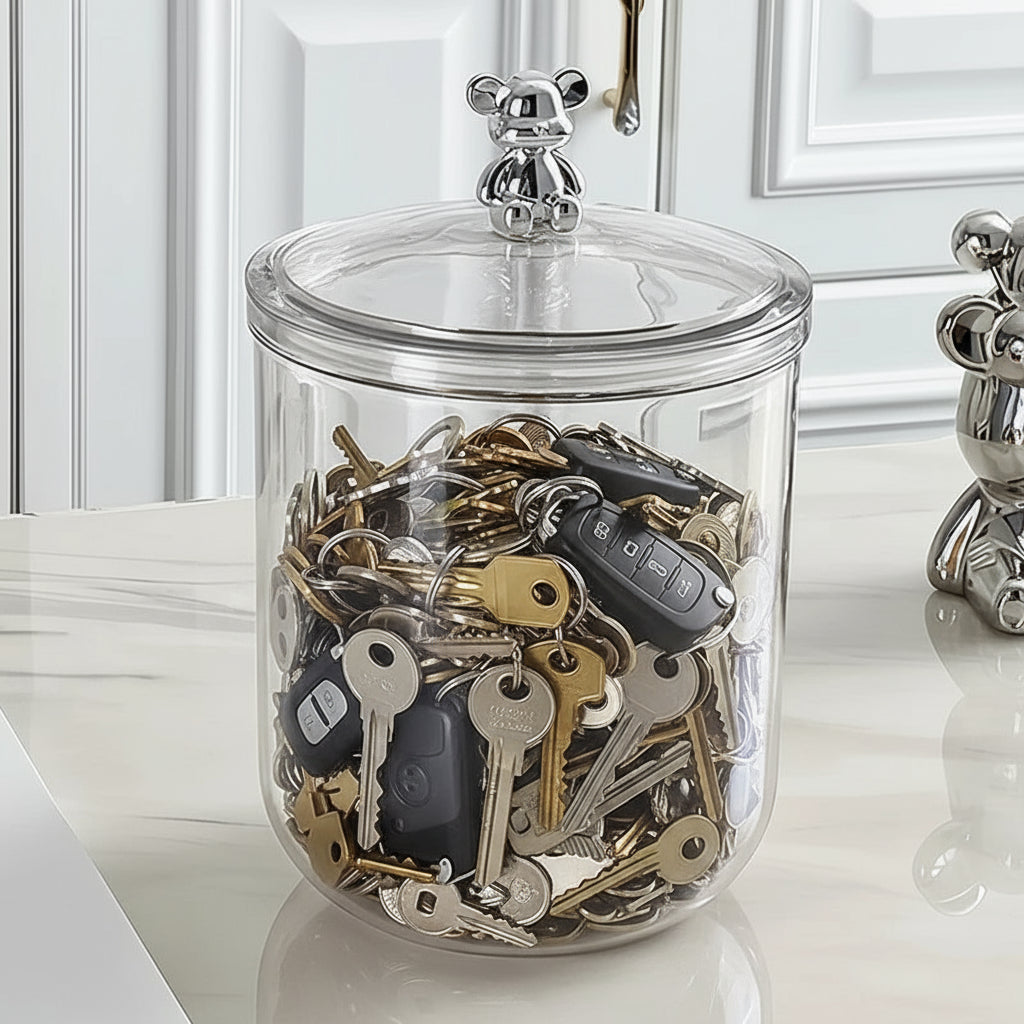 Clear Sealed Storage Jar with Bear Accent