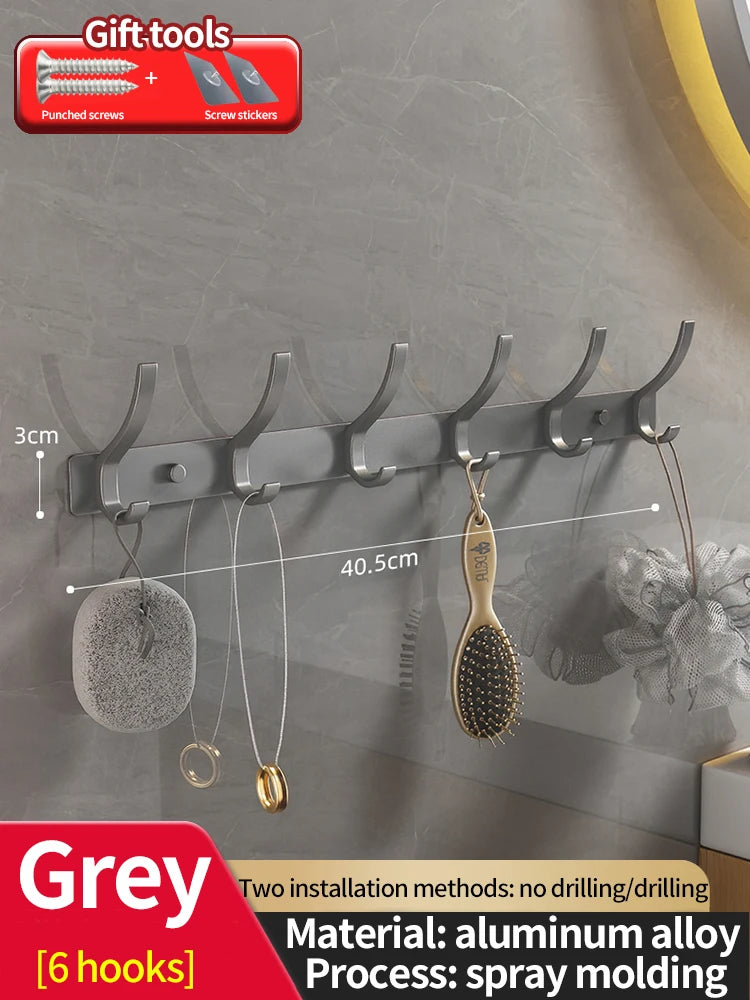 No-Drill 6-Hook Aluminium Alloy Door & Wall Hanger