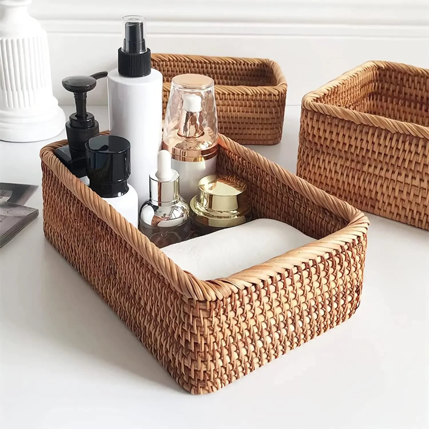 Rectangular Rattan Storage Baskets, Handmade Woven