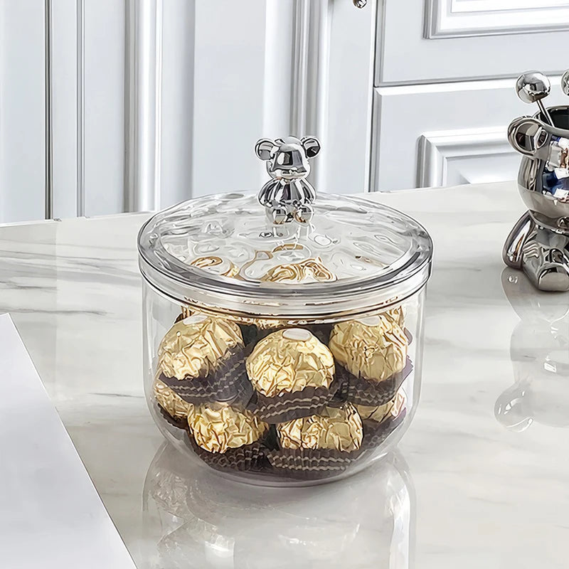 Clear Sealed Storage Jar with Bear Accent