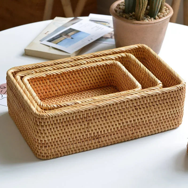 Rectangular Rattan Storage Baskets, Handmade Woven