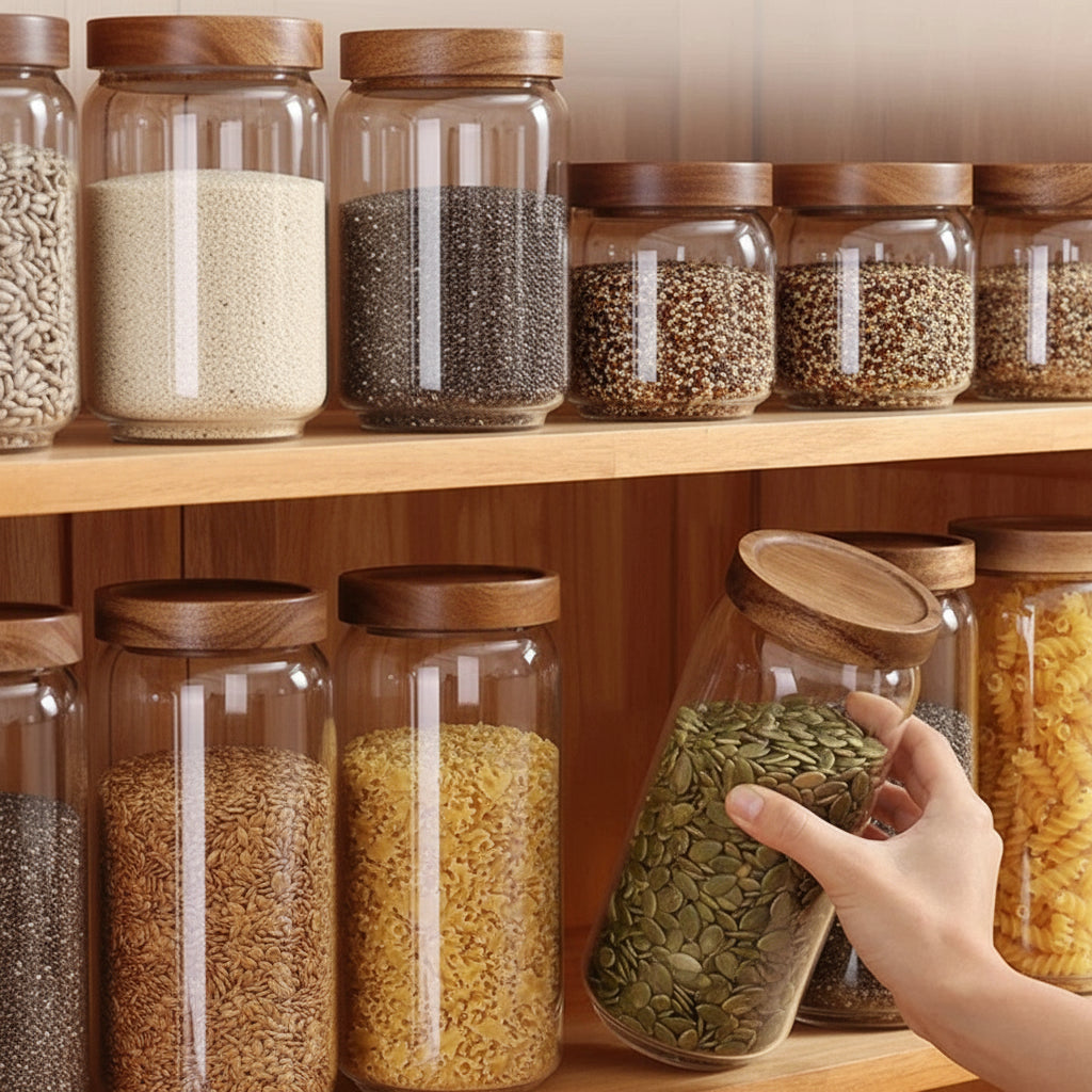Glass Storage Jars with Airtight Wooden Lids – Elegant Pantry Organisation