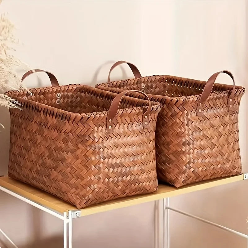 2pcs Handwoven Storage Baskets with Leather Handles-Durable
