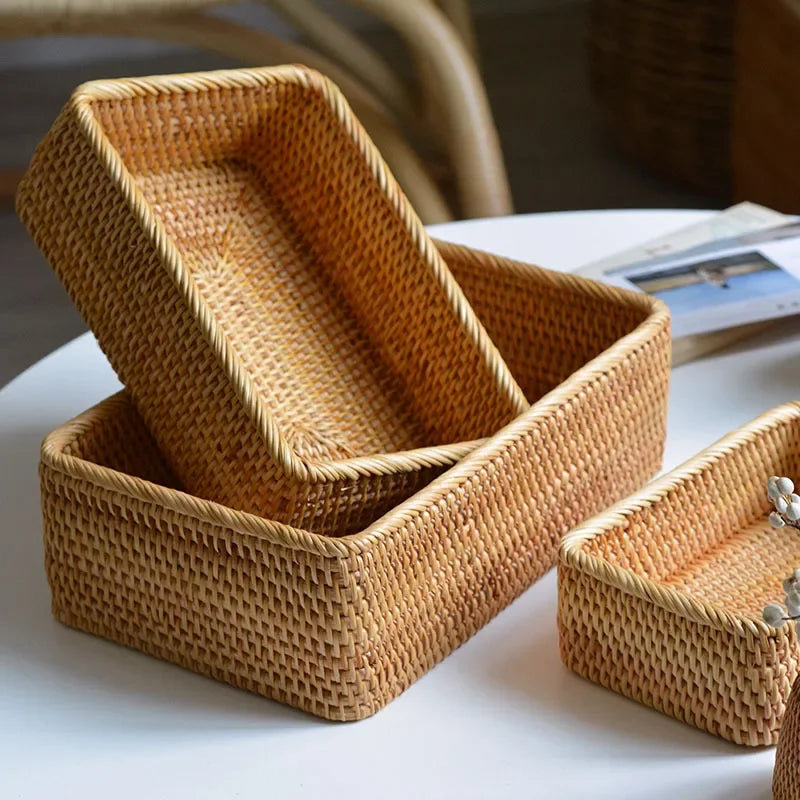 Rectangular Rattan Storage Baskets, Handmade Woven
