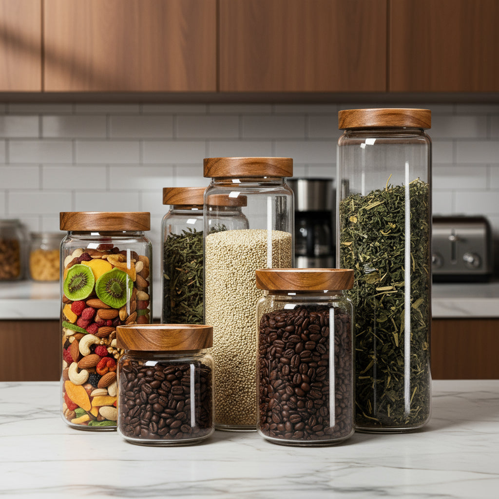 Glass Storage Jars with Airtight Wooden Lids – Elegant Pantry Organisation