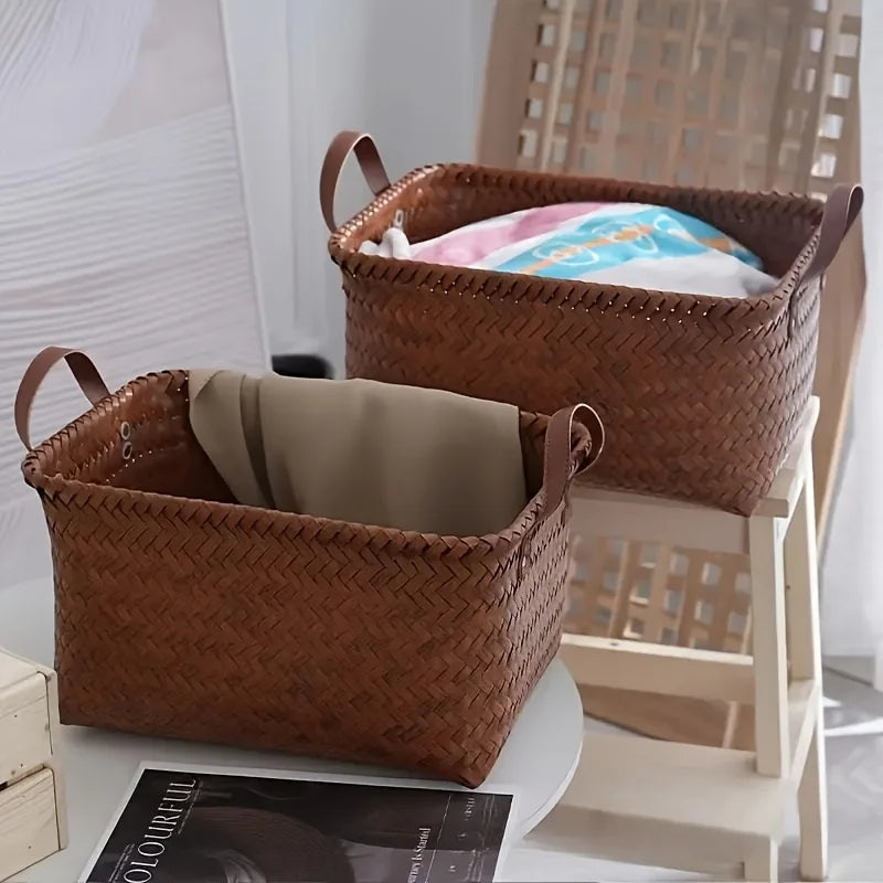 2pcs Handwoven Storage Baskets with Leather Handles-Durable