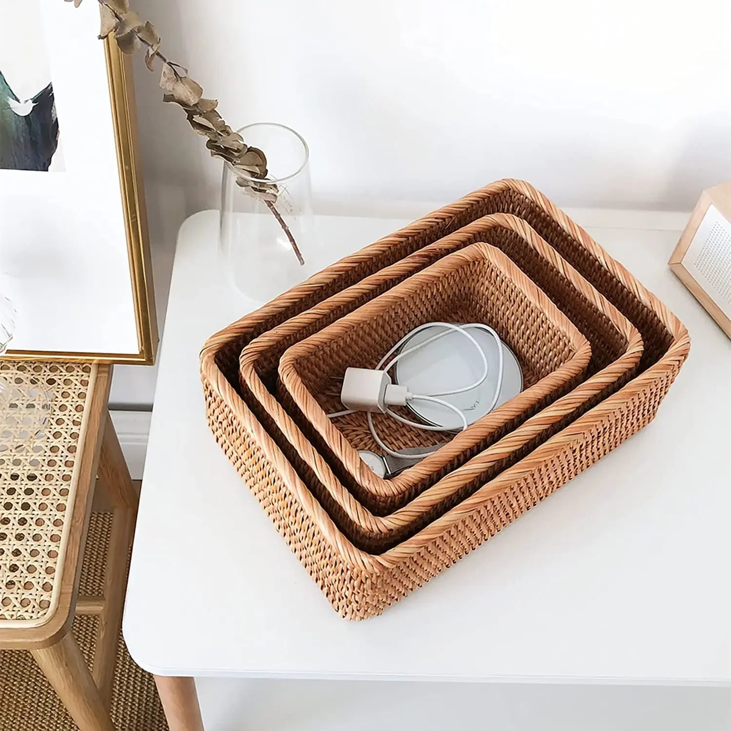 Rectangular Rattan Storage Baskets, Handmade Woven