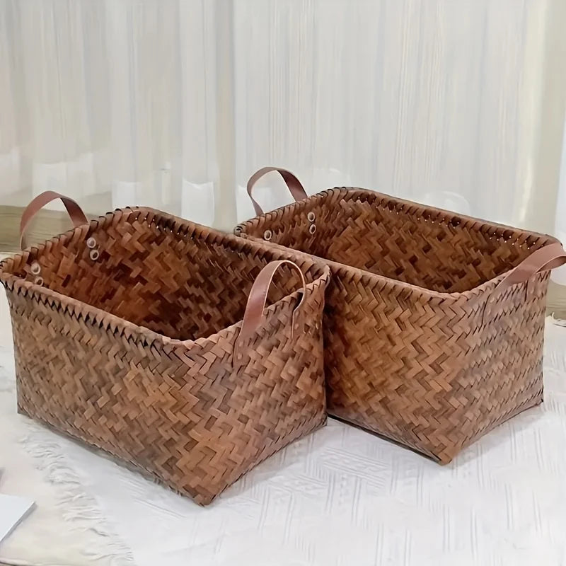 2pcs Handwoven Storage Baskets with Leather Handles-Durable