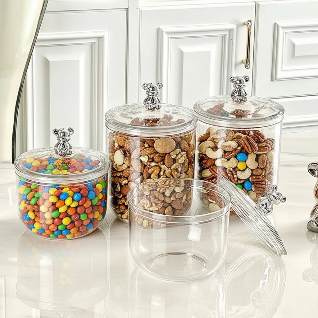 Clear Sealed Storage Jar with Bear Accent